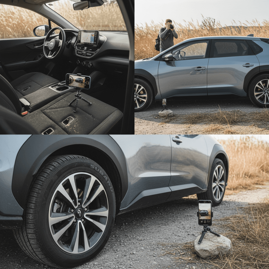 Owner taking high-quality photos of a clean Subaru Solterra interior and exterior for an online sale listing