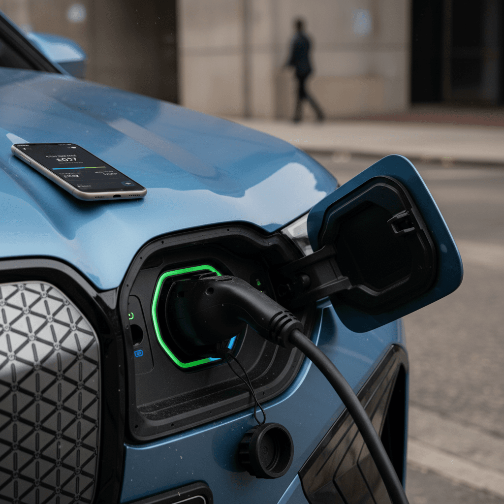 BMW iX charging port plugged into a home Level 2 charger, illustrating electricity cost per mile