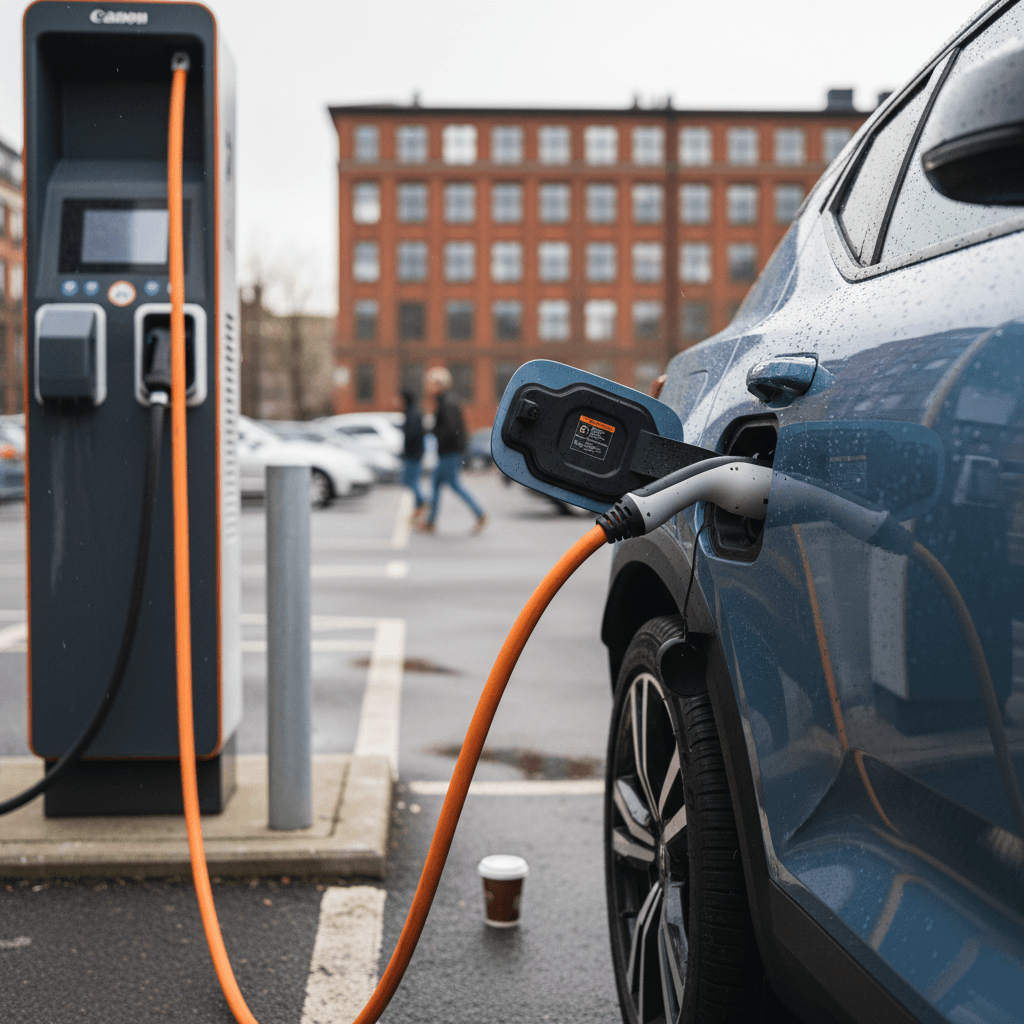 Volvo EX30 charging at a DC fast charger in an urban parking lot, highlighting its compact SUV size