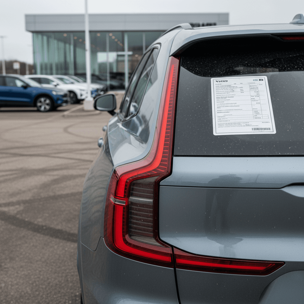 Late model Volvo EX90 lined up on a used car lot with price stickers, showing current resale market for the electric SUV