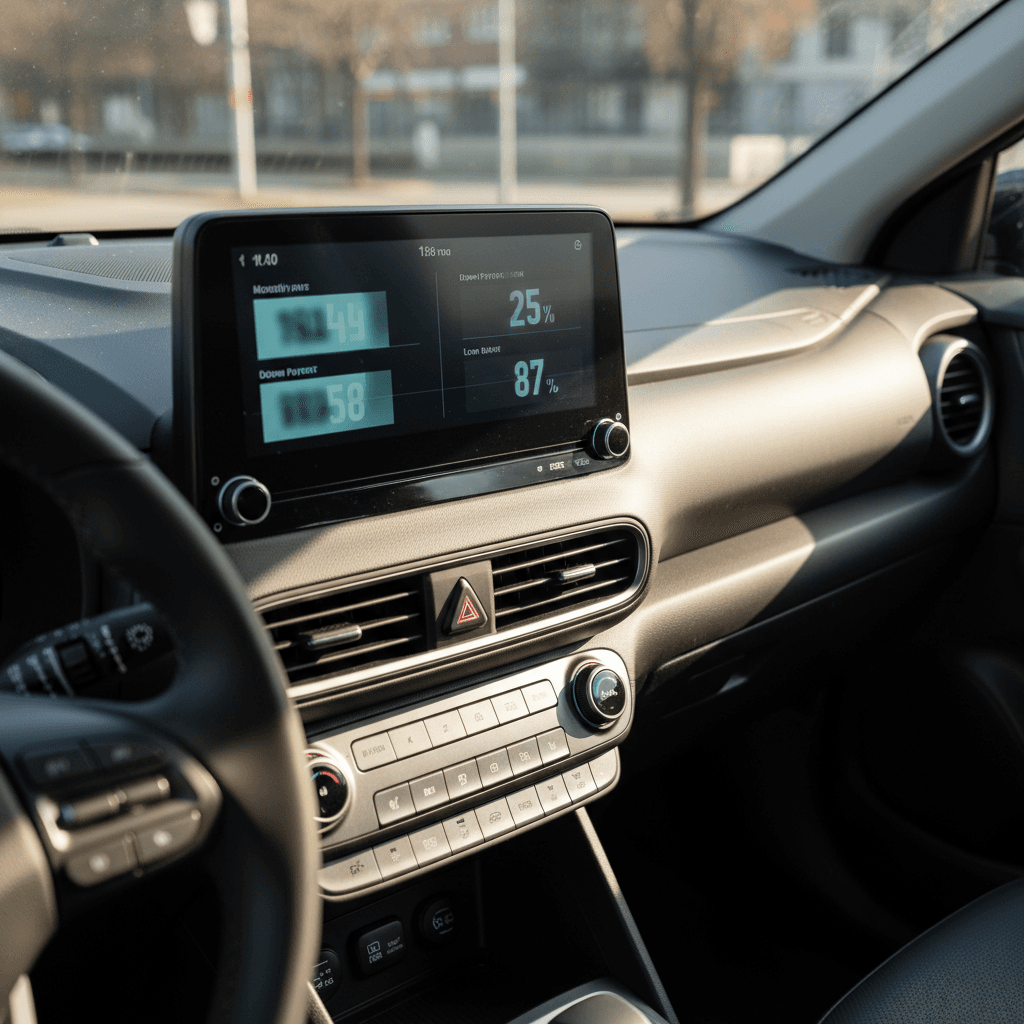 Digital dashboard-style mockup showing Hyundai Kona Electric price, down payment, APR, and monthly payment side by side