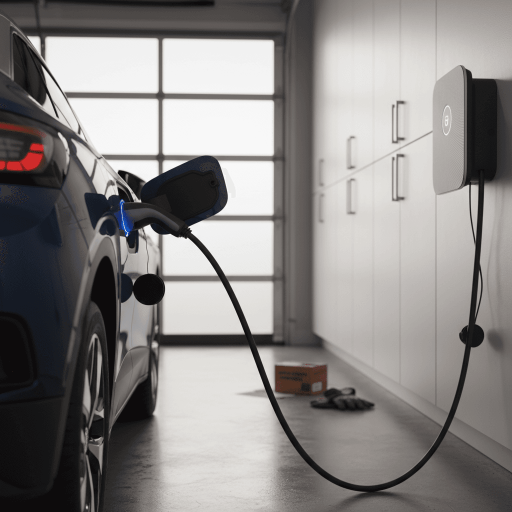 A 2022 Volkswagen ID.4 plugged into a Level 2 home charger in a modern garage
