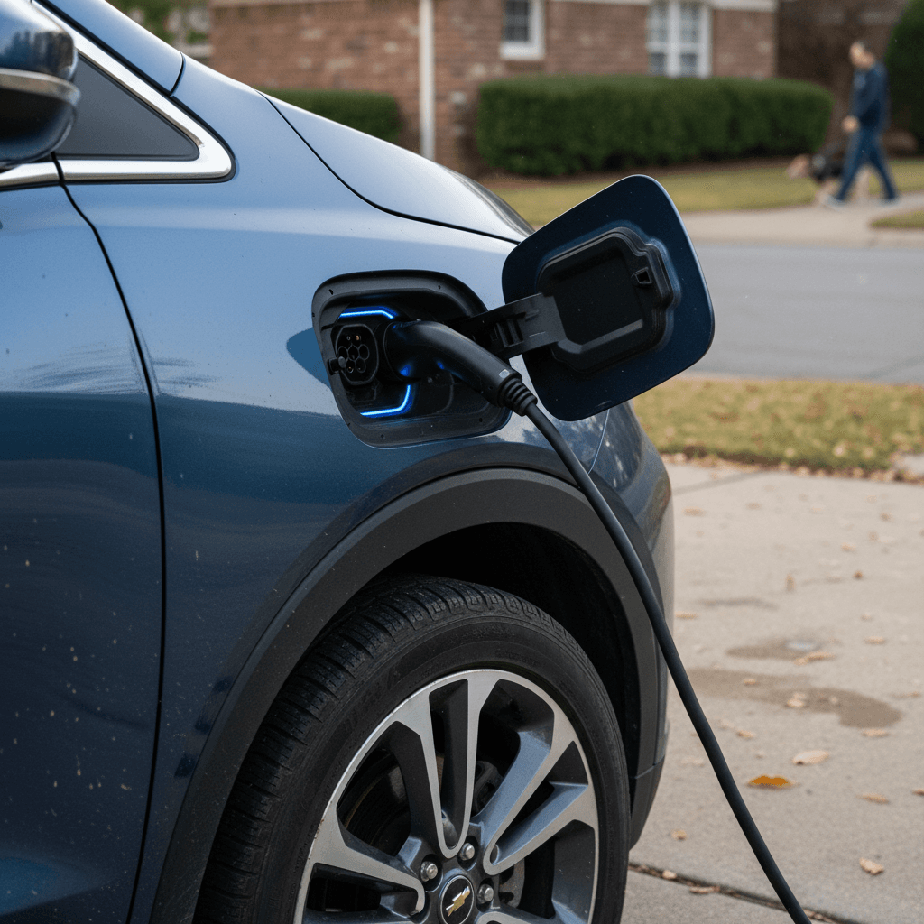 Close-up of a Chevy Bolt EUV charging at home, focusing on the charge port and wheel
