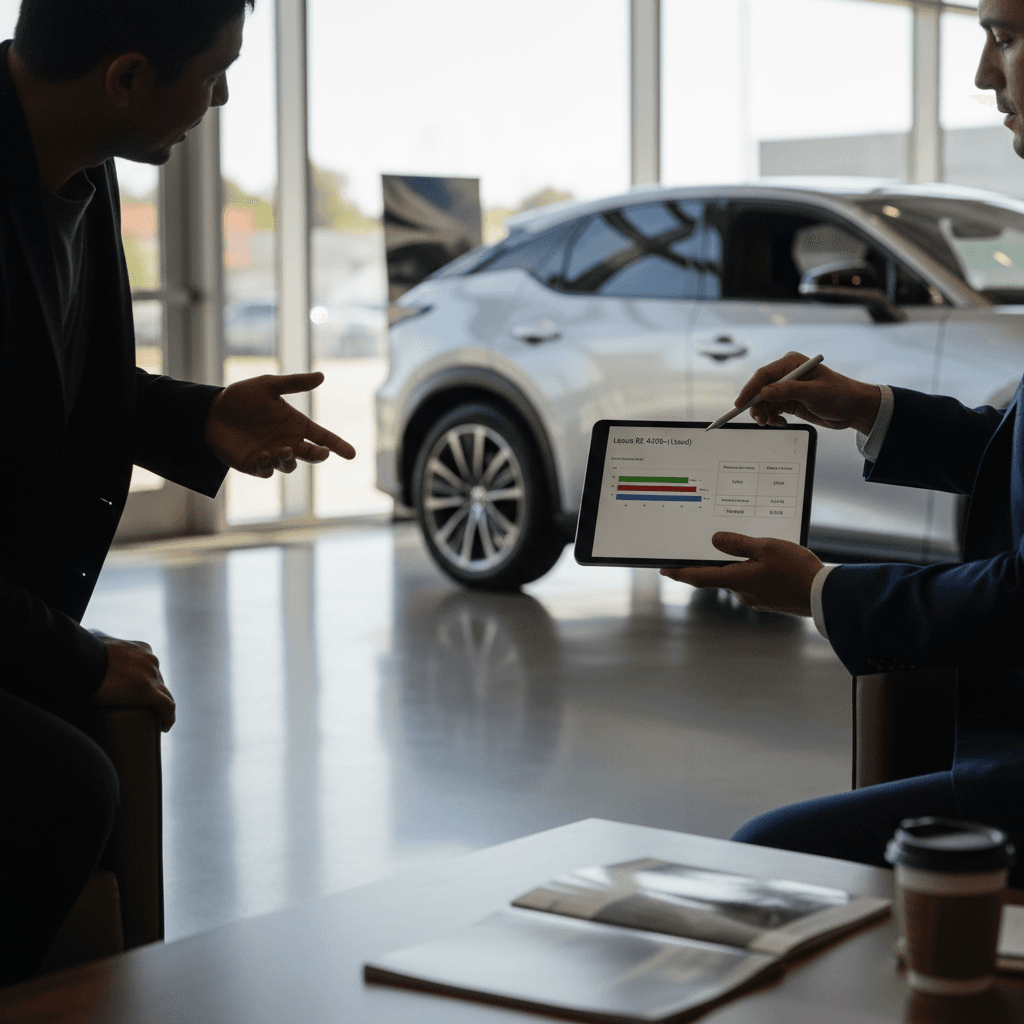 EV specialist and customer reviewing a detailed battery health and pricing report for a Lexus RZ 450e on a tablet in a modern showroom
