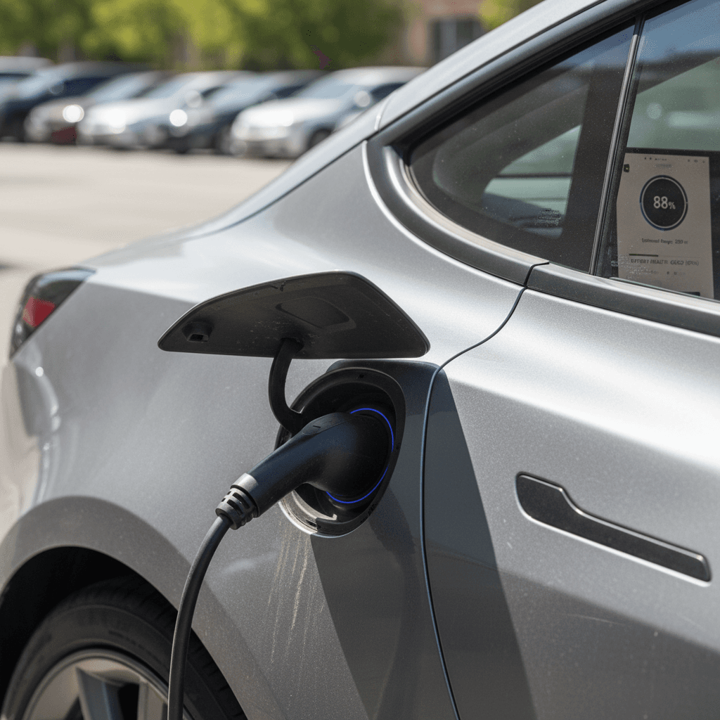 Tesla Model 3 charging port and on-screen battery information, highlighting battery health for resale value