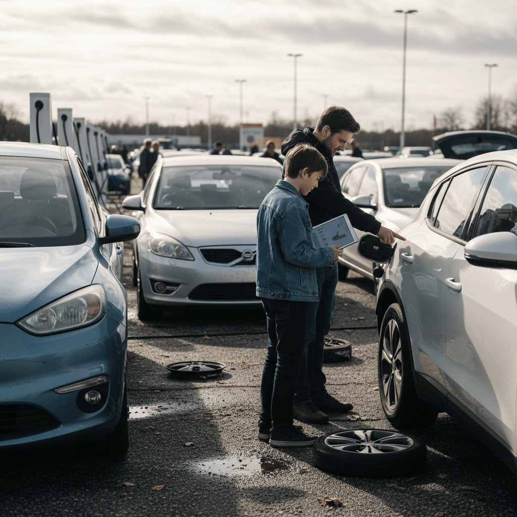Car dashboard showing a nearly empty fuel gauge next to an EV-style range display indicating remaining miles