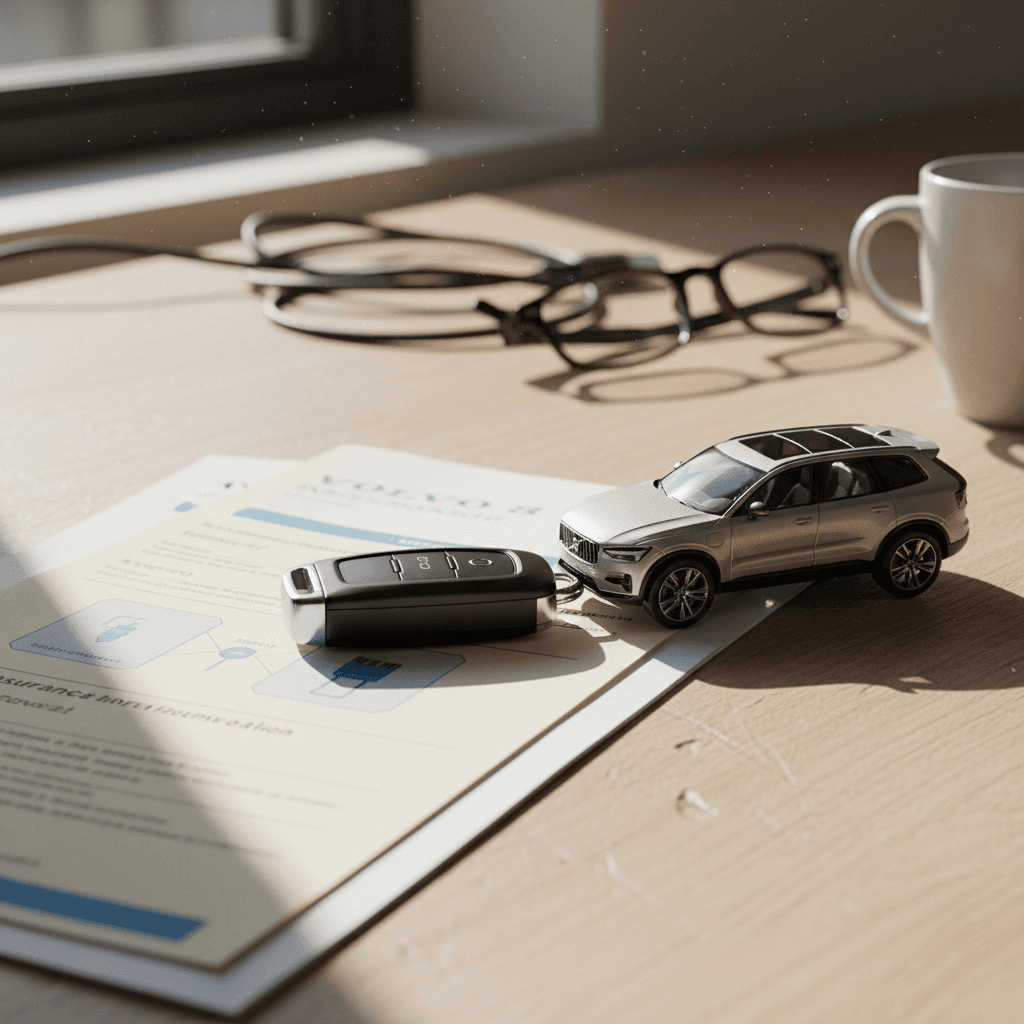 Insurance paperwork, pen and car key next to a small SUV model symbolizing Volvo EX90 coverage decisions