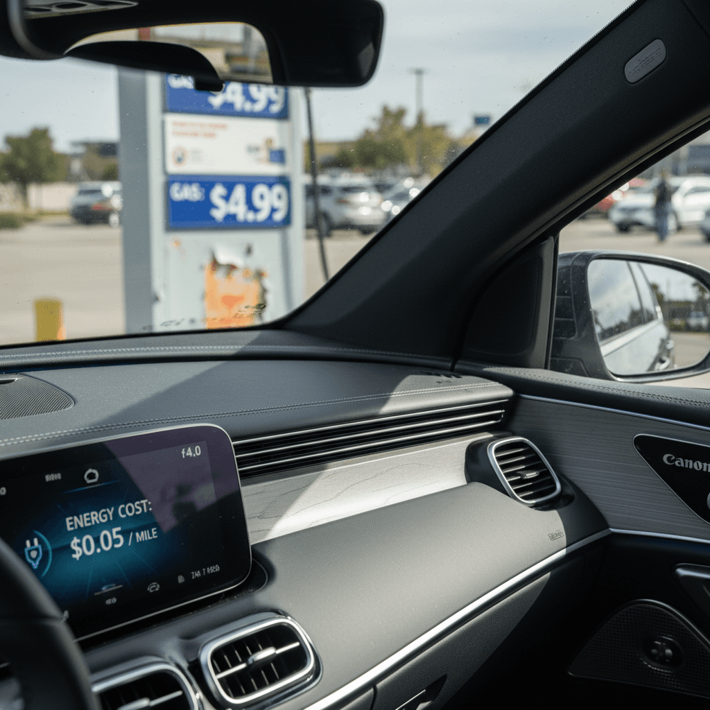 Dashboard display comparing electricity cost per mile in an EV to the price per gallon at a nearby gas station