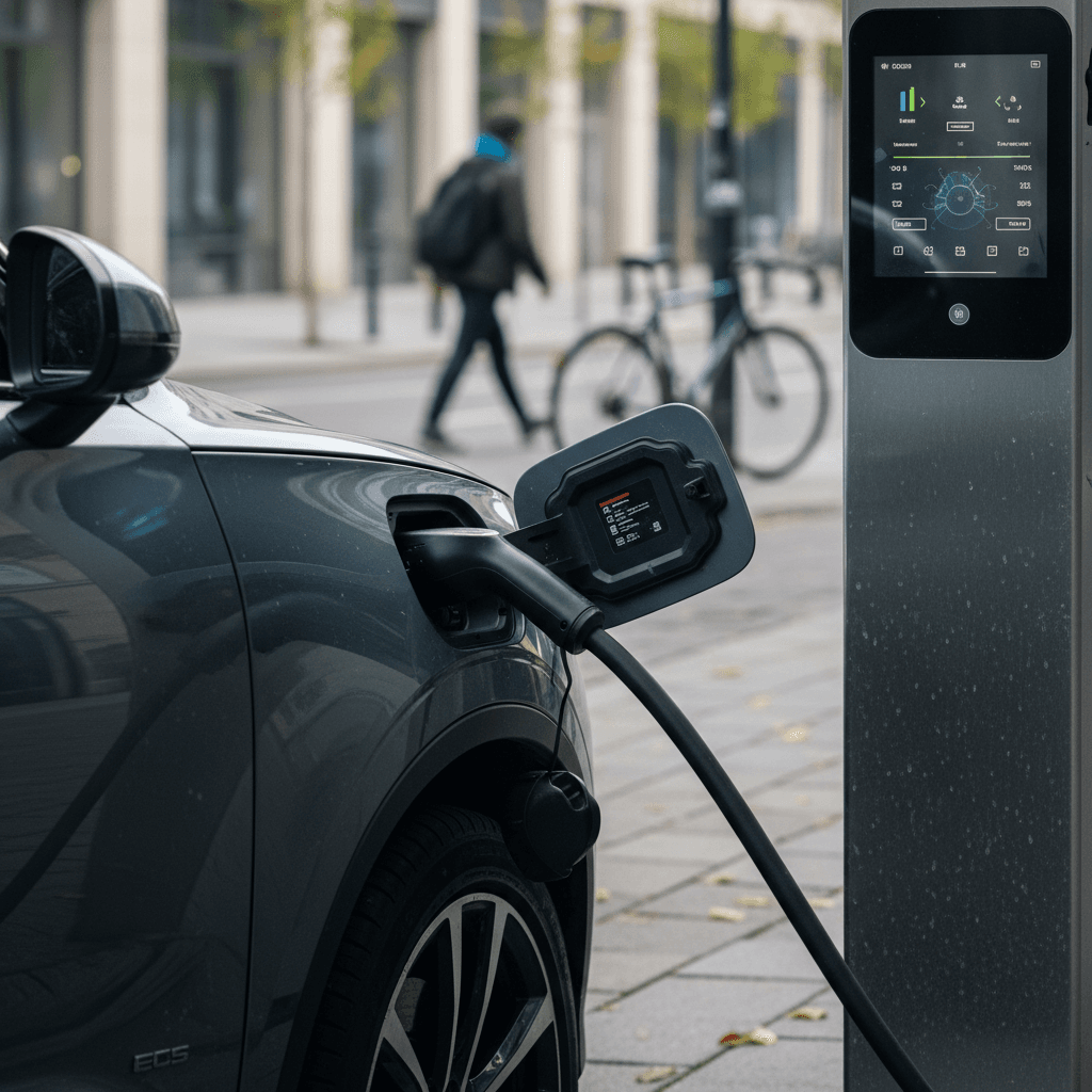 2024 Polestar 2 plugged into a DC fast charging station showing charging status on the charger display