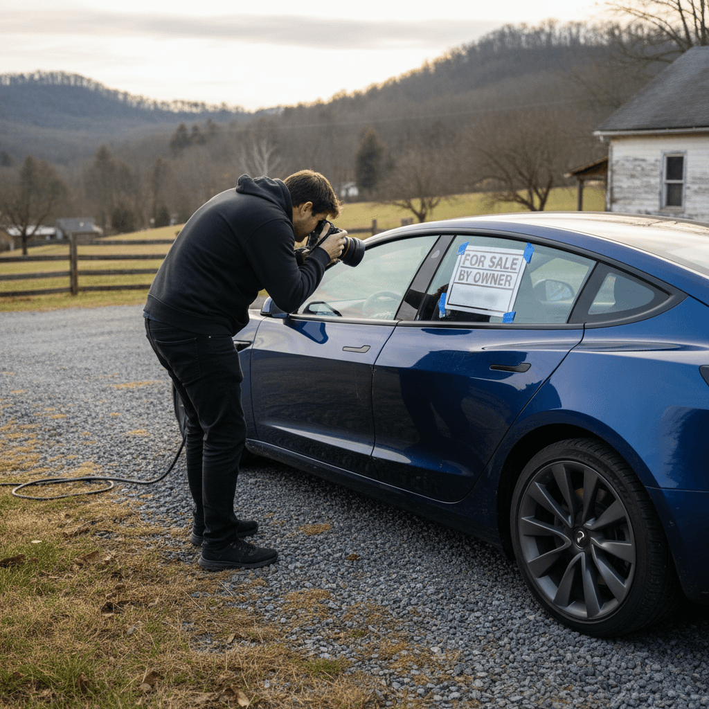 Driver taking detailed photos of a used electric car parked in a driveway to prepare an online listing