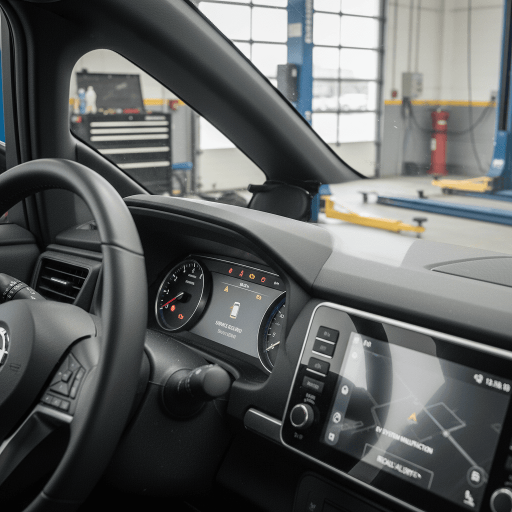 2023 Nissan Leaf interior with dashboard warning lights illuminated while parked at a service bay