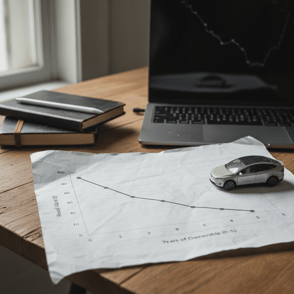 Simple line chart showing Tesla Model X value declining over five years, with steep first three years then flattening