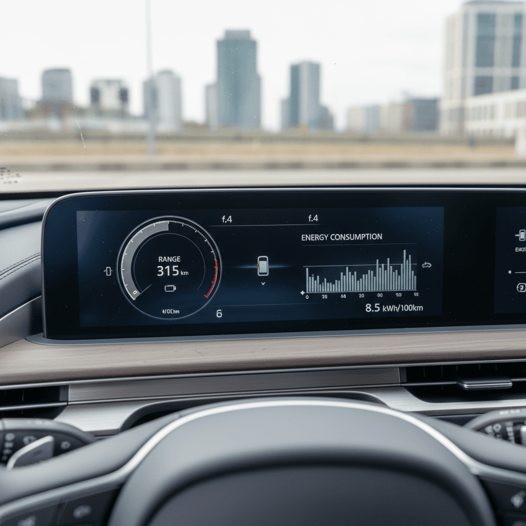 Digital instrument cluster of a Genesis GV70 Electrified showing driving range, state of charge, and energy usage information