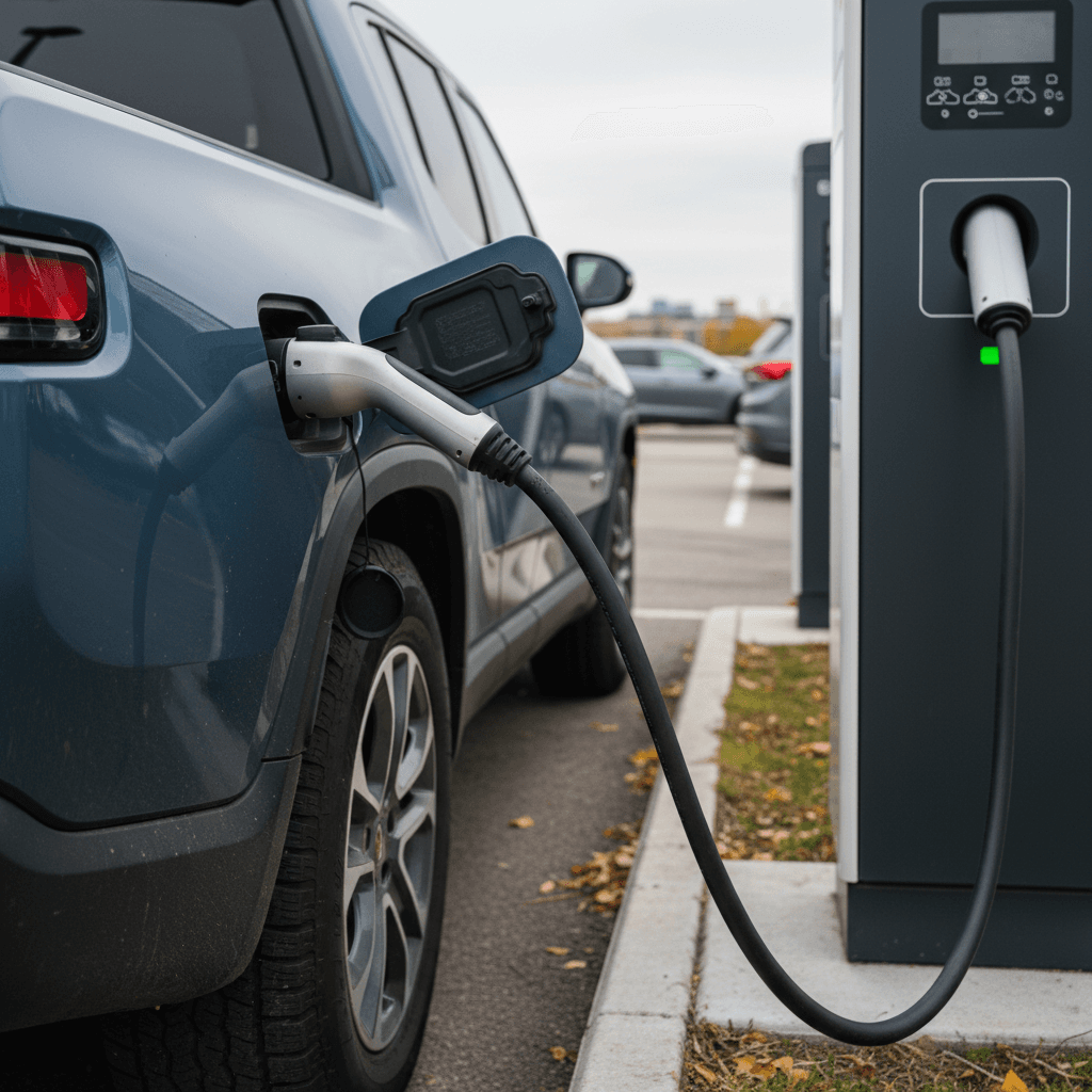 Rivian R1T electric truck plugged into a DC fast charger while towing a small trailer