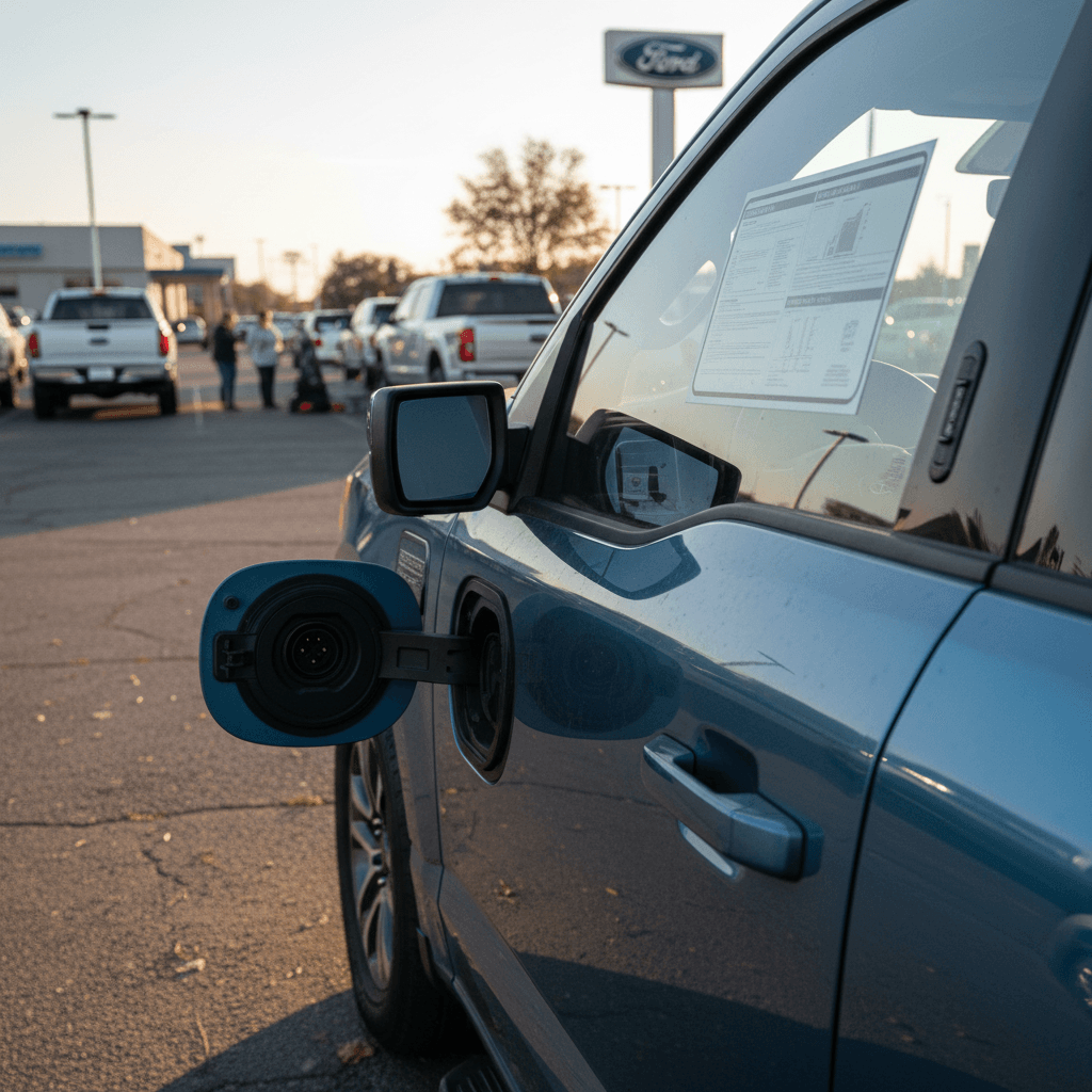 Used Ford F-150 Lightning plugged in at a dealership charger, showing charging status on the screen