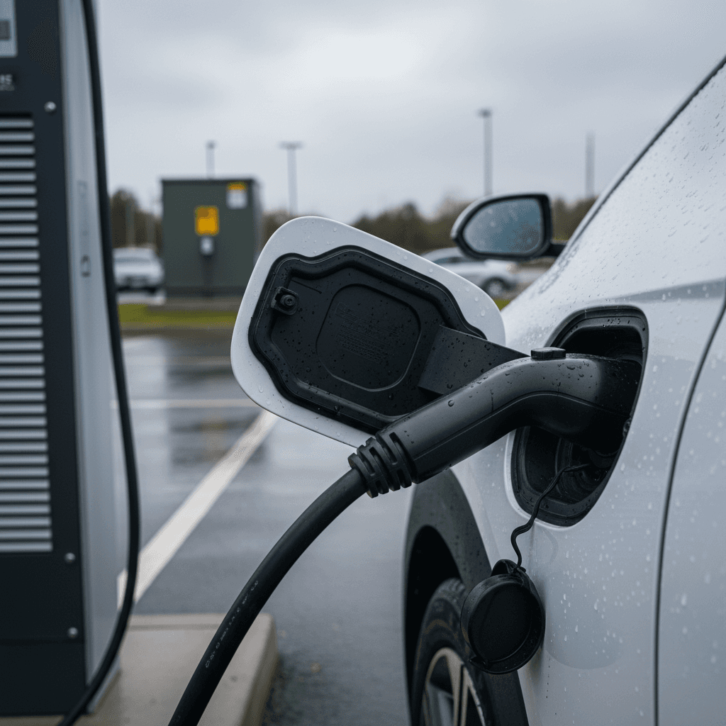 Hyundai Ioniq 5 plugged into a public DC fast charger showing charging status on the screen