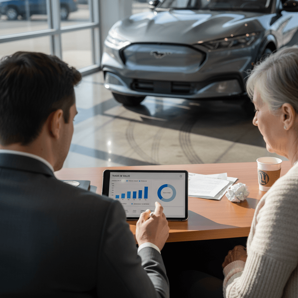 Owner and EV specialist reviewing a Ford Mustang Mach-E battery health report while discussing trade-in value
