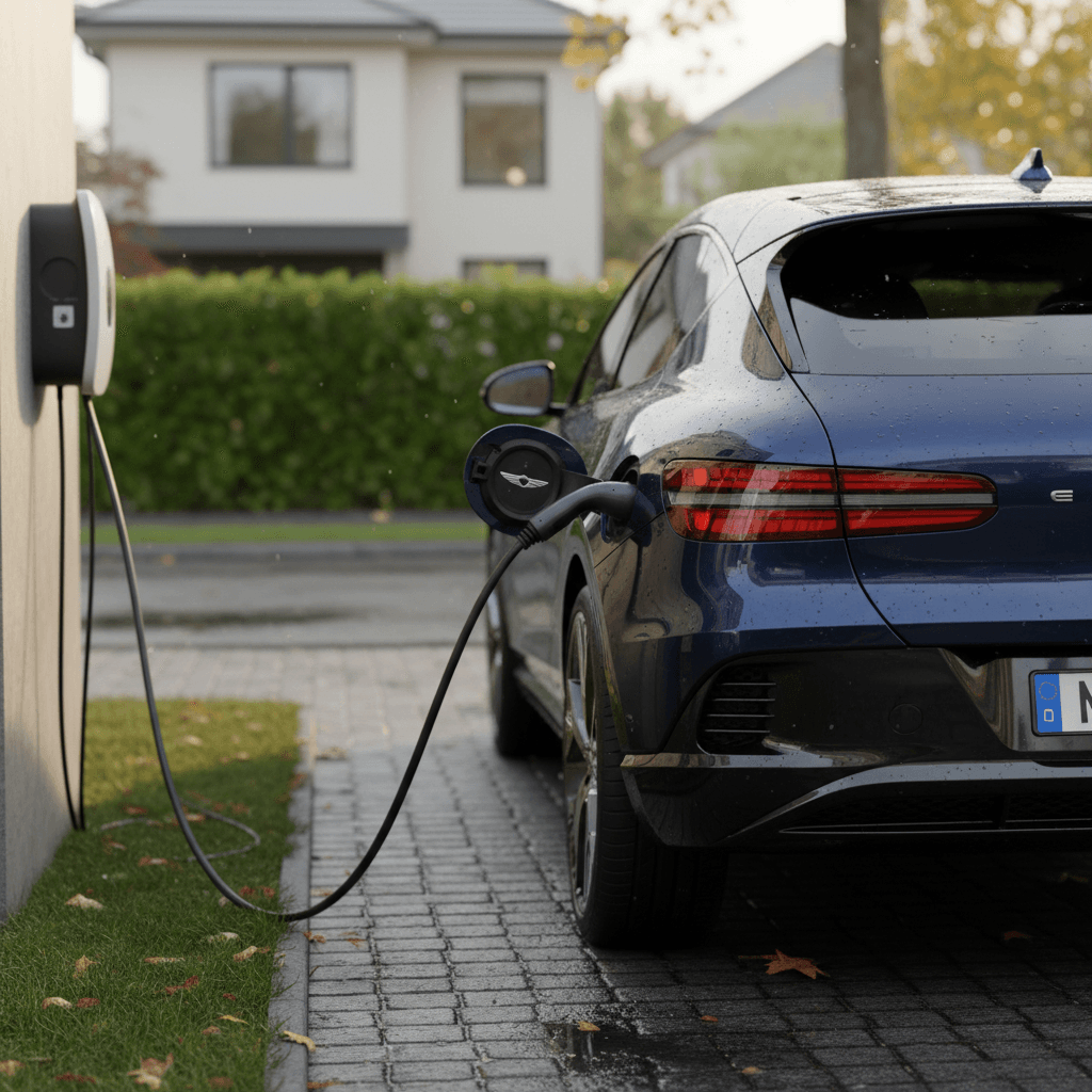 2025 Genesis GV60 plugged into a home charger, photographed from the rear three-quarter angle