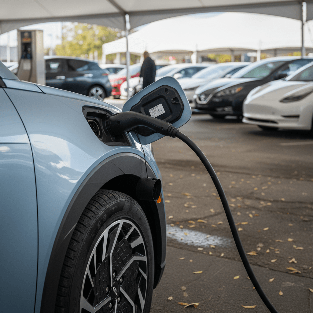 Used 2024 Hyundai Ioniq 5 parked at a dealership with charging cable connected, highlighting condition and battery health for resale