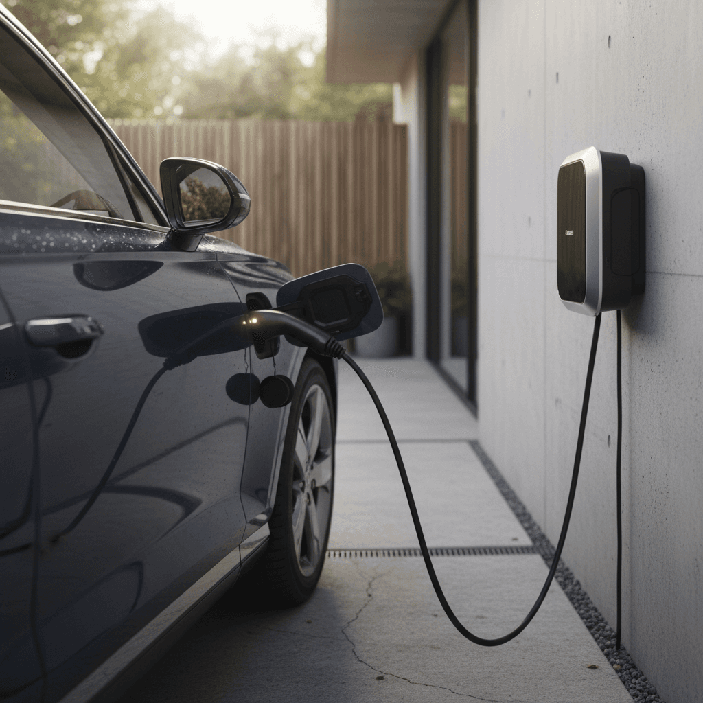 Genesis Electrified GV70 plugged into a home Level 2 wallbox charger in a modern driveway