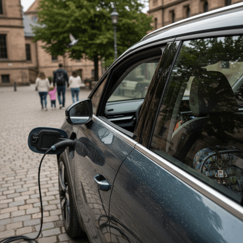 Electric SUV parked in a home garage while charging from a wall charger