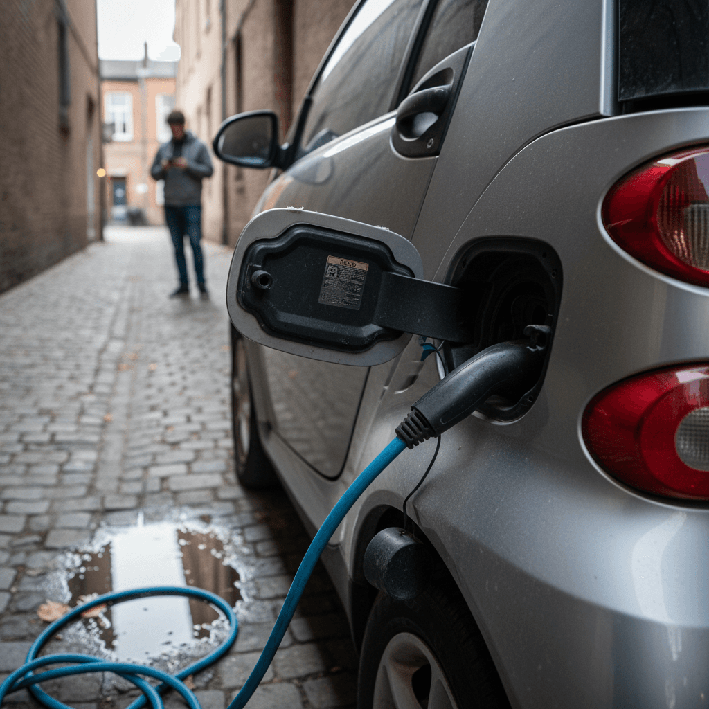Small smart-style city car parked on a narrow urban street