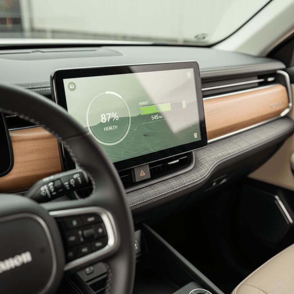 Interior of a 2024 Rivian R1S showing the digital display with battery health and range information visible on the center screen.
