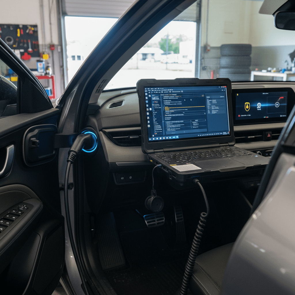 Technician diagnosing a Kia EV6 AC charging problem with a laptop connected while the car is plugged into a Level 2 charger