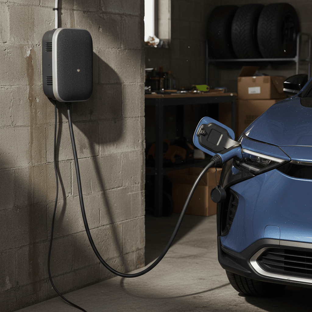 Wall‑mounted Level 2 EV charger in a home garage, plugged into a Toyota bZ4X parked inside