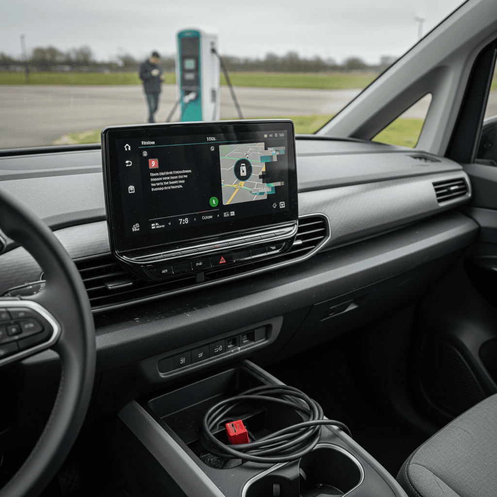 Volkswagen ID. Buzz interior focused on the central touchscreen and digital instruments while parked in a driveway