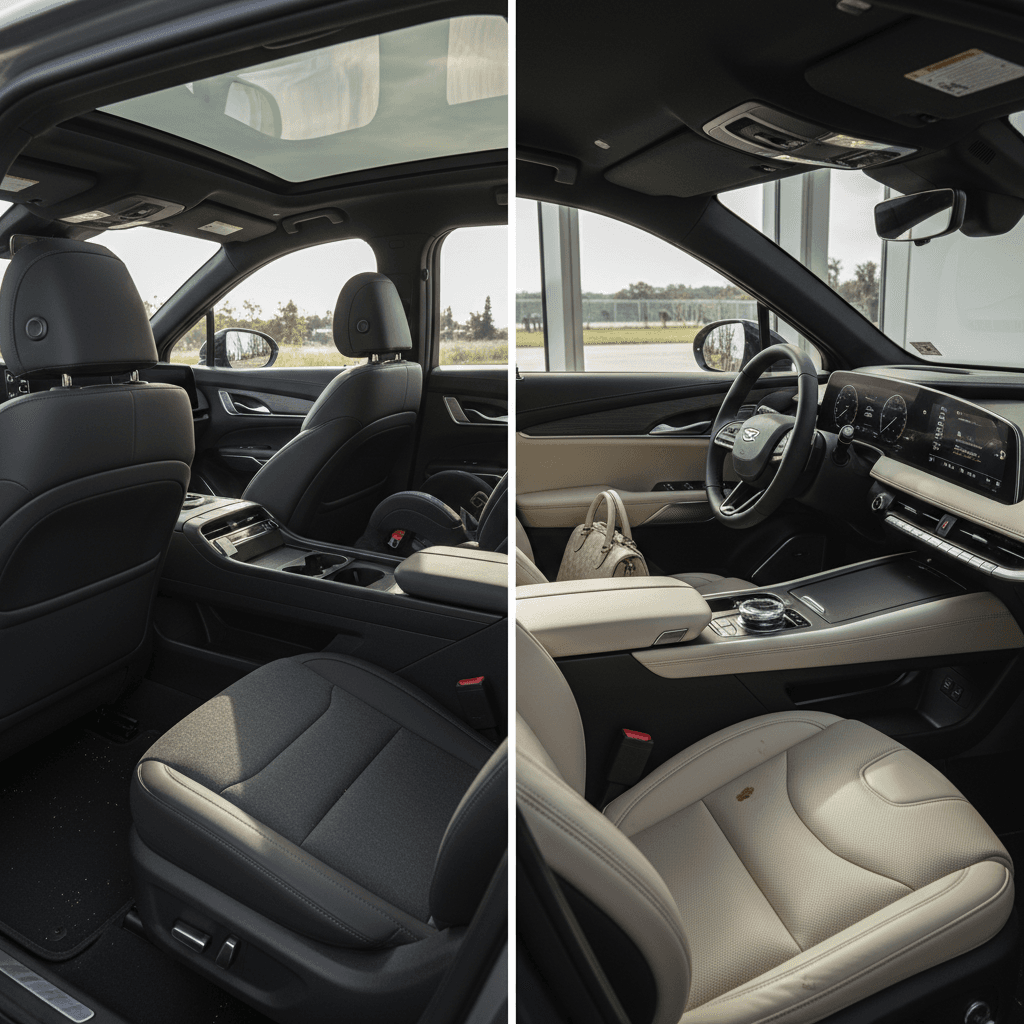 Side-by-side interior comparison of the Kia EV9 three-row cabin and Cadillac Lyriq two-row luxury cabin