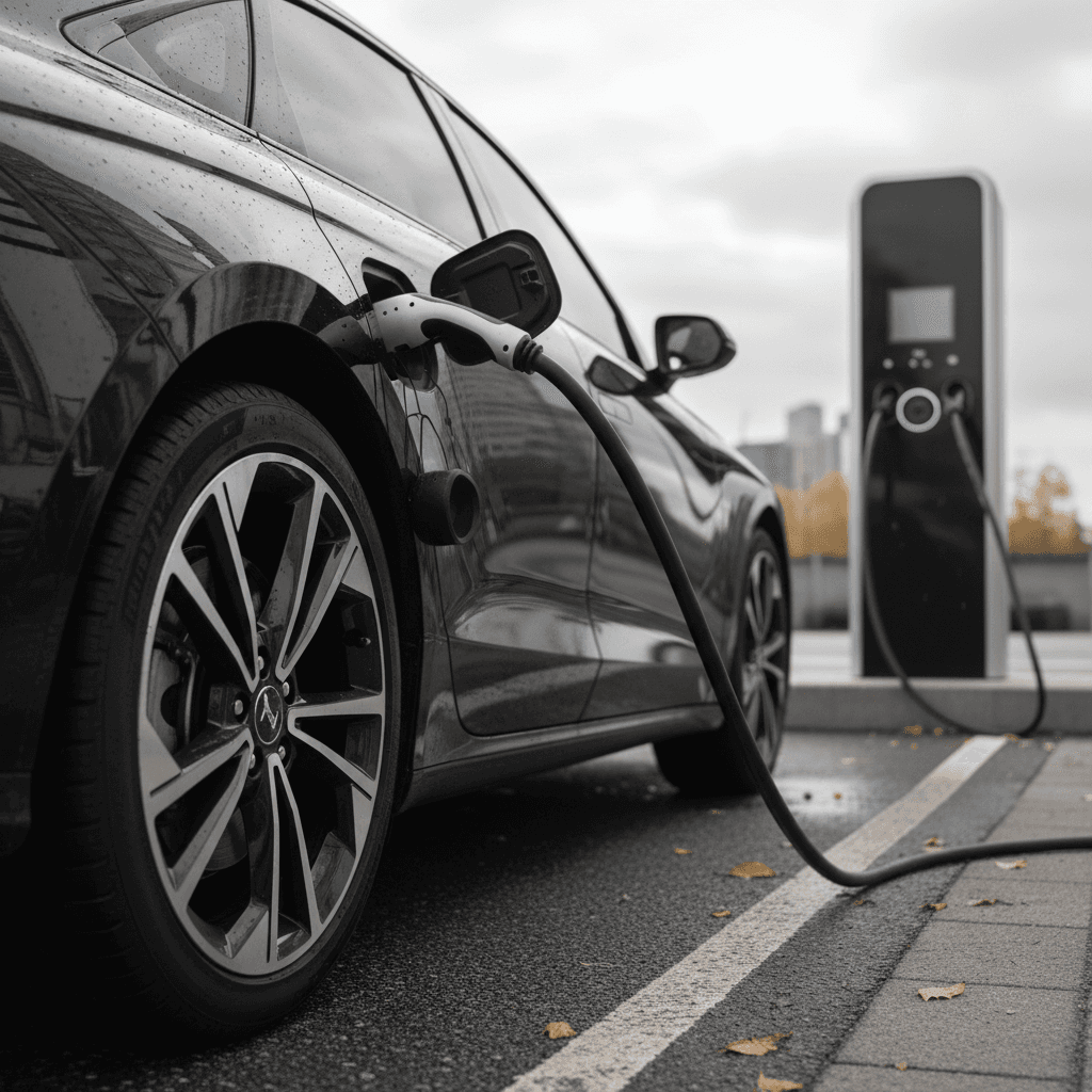 Hyundai Ioniq 6 electric sedan parked at a public fast charger, highlighting its low, aerodynamic profile
