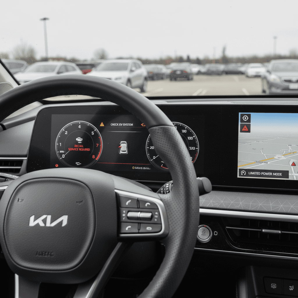 Kia EV9 digital instrument cluster and steering wheel showing warning lights and alerts