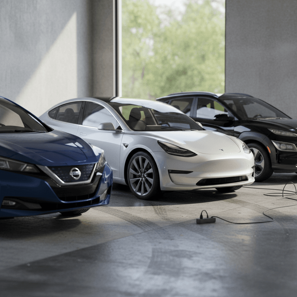 Lineup of several popular used electric cars including a compact hatchback, sedan, and small SUV on a neutral background