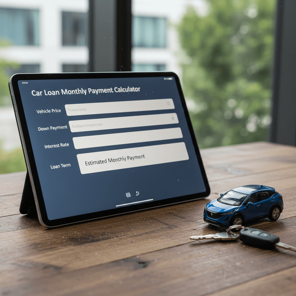 Tablet showing a monthly car payment calculator on screen next to keys and a small electric SUV model