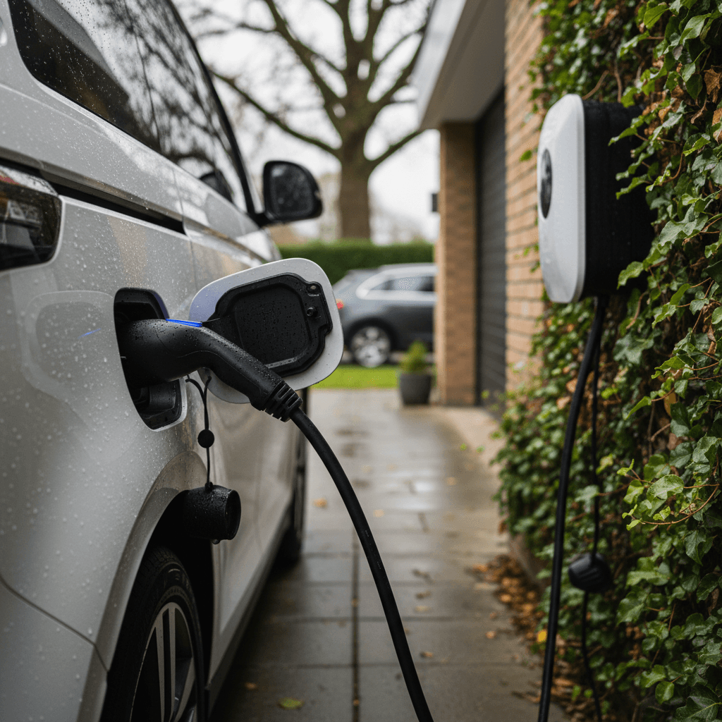 2024 Volkswagen ID. Buzz charging in a residential driveway on a home Level 2 charger