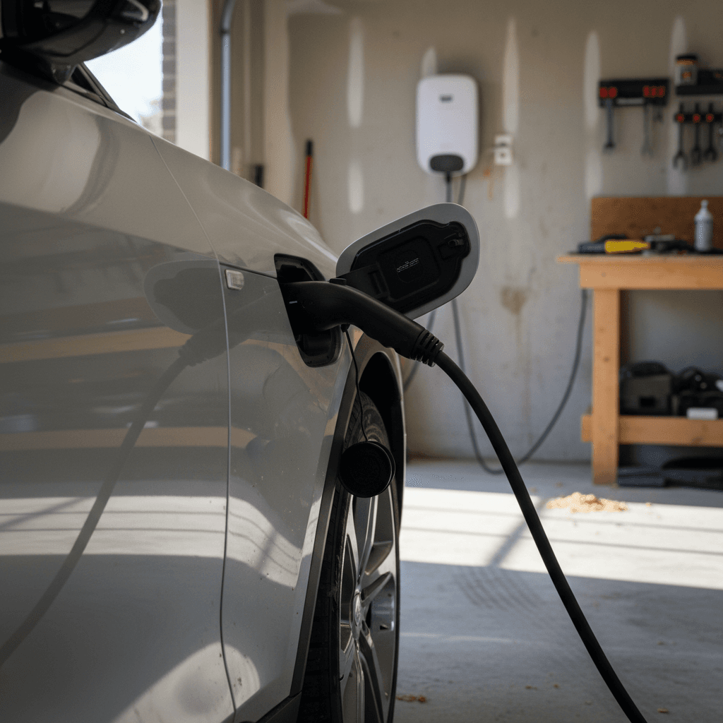 Cadillac Lyriq plugged into a Level 2 home charger inside a residential garage
