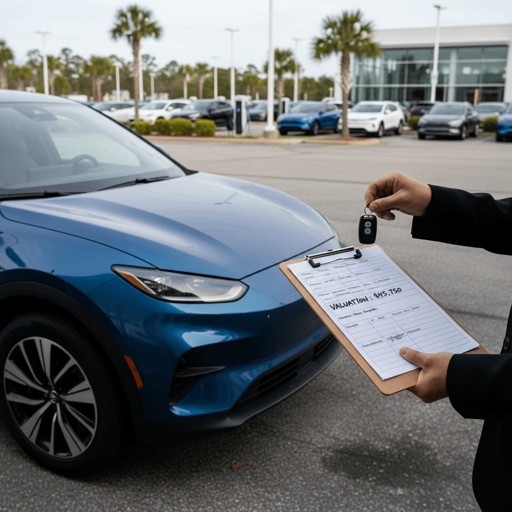 Dealer appraiser and EV owner reviewing electric vehicle trade-in value on a clipboard beside the car