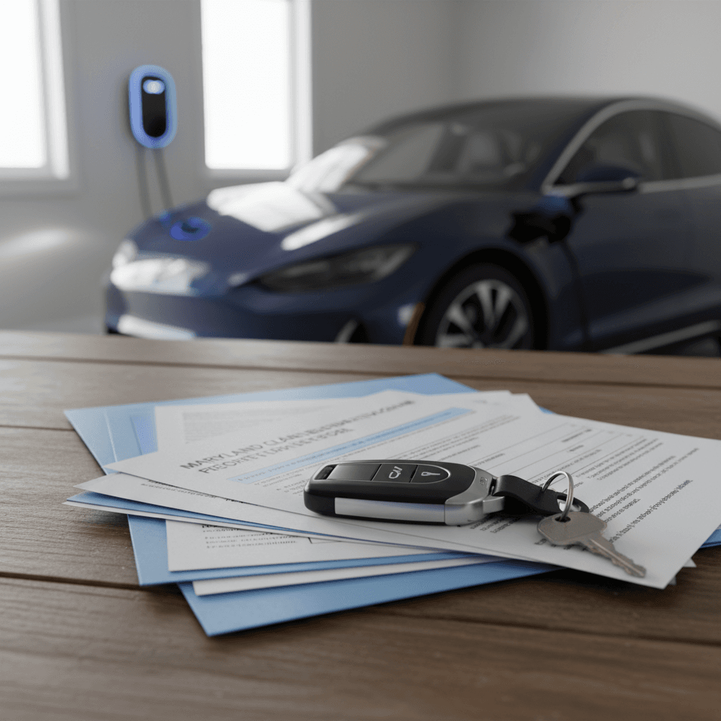 Home in Maryland with an EV plugged into a wall-mounted Level 2 charger in the garage