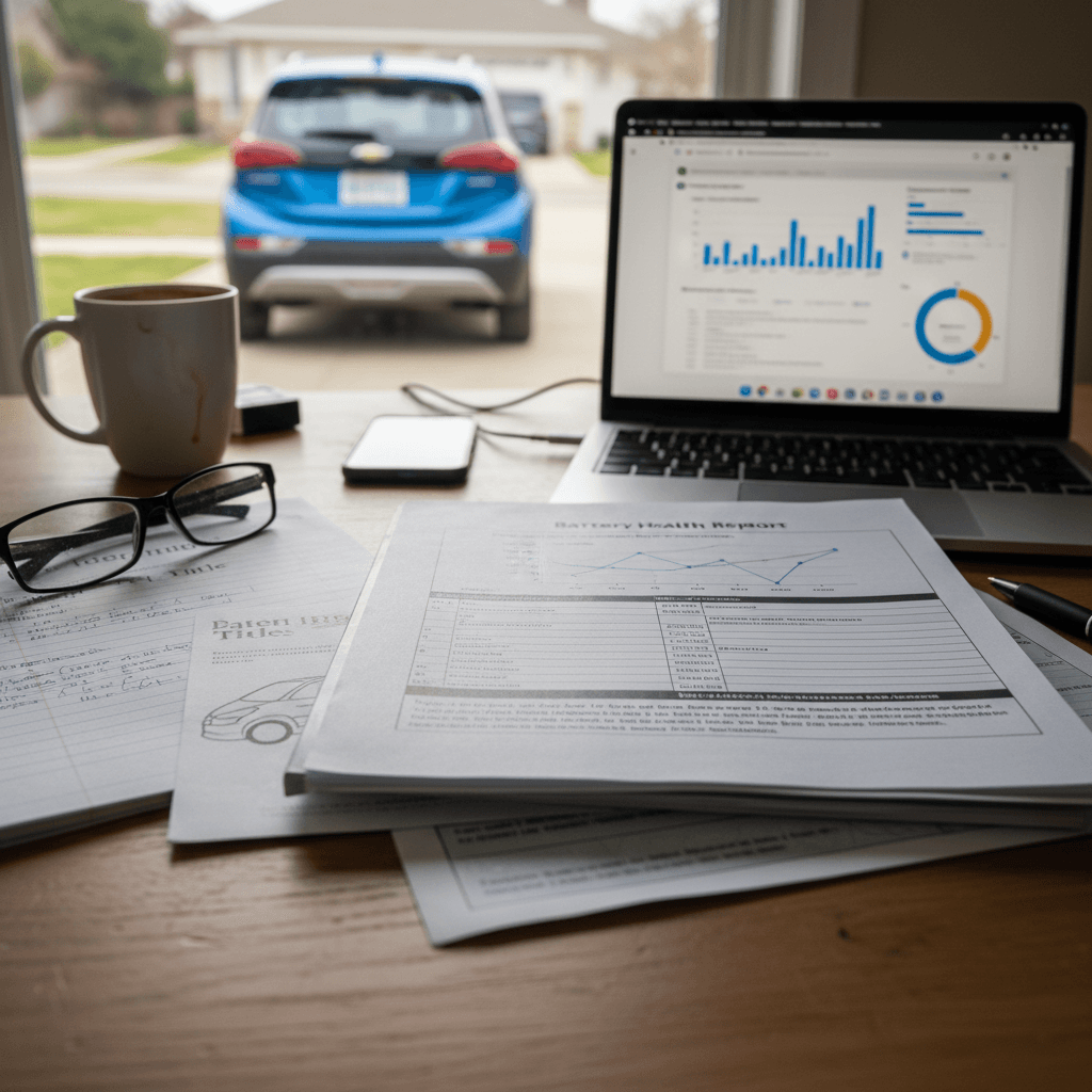 Owner reviewing a Chevrolet Bolt EV battery health report and paperwork at a home desk