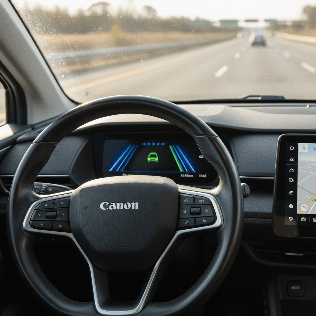 Interior of an electric car on the highway with driver-assistance active, showing lane-centering and following distance indicators on the digital cluster