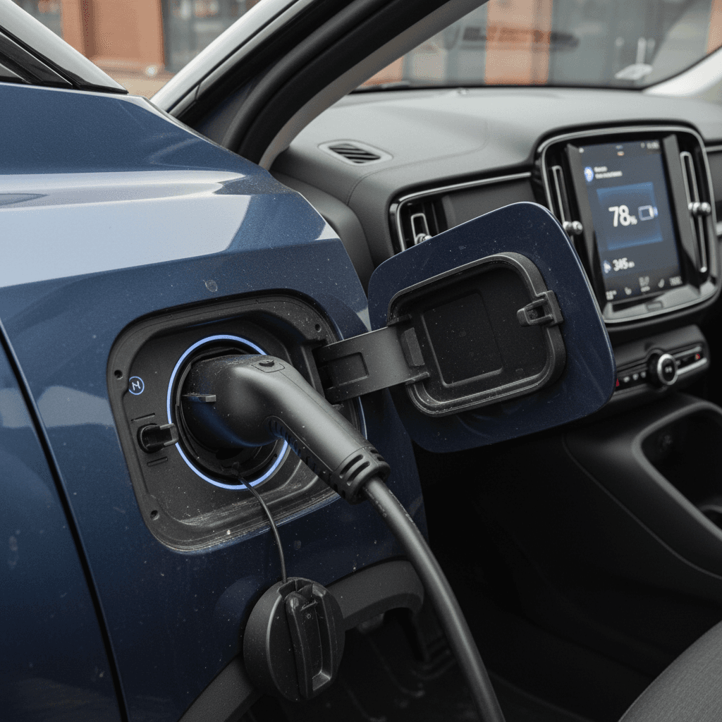 Seller detailing a blue Volvo EX30 in a driveway before taking sale photos