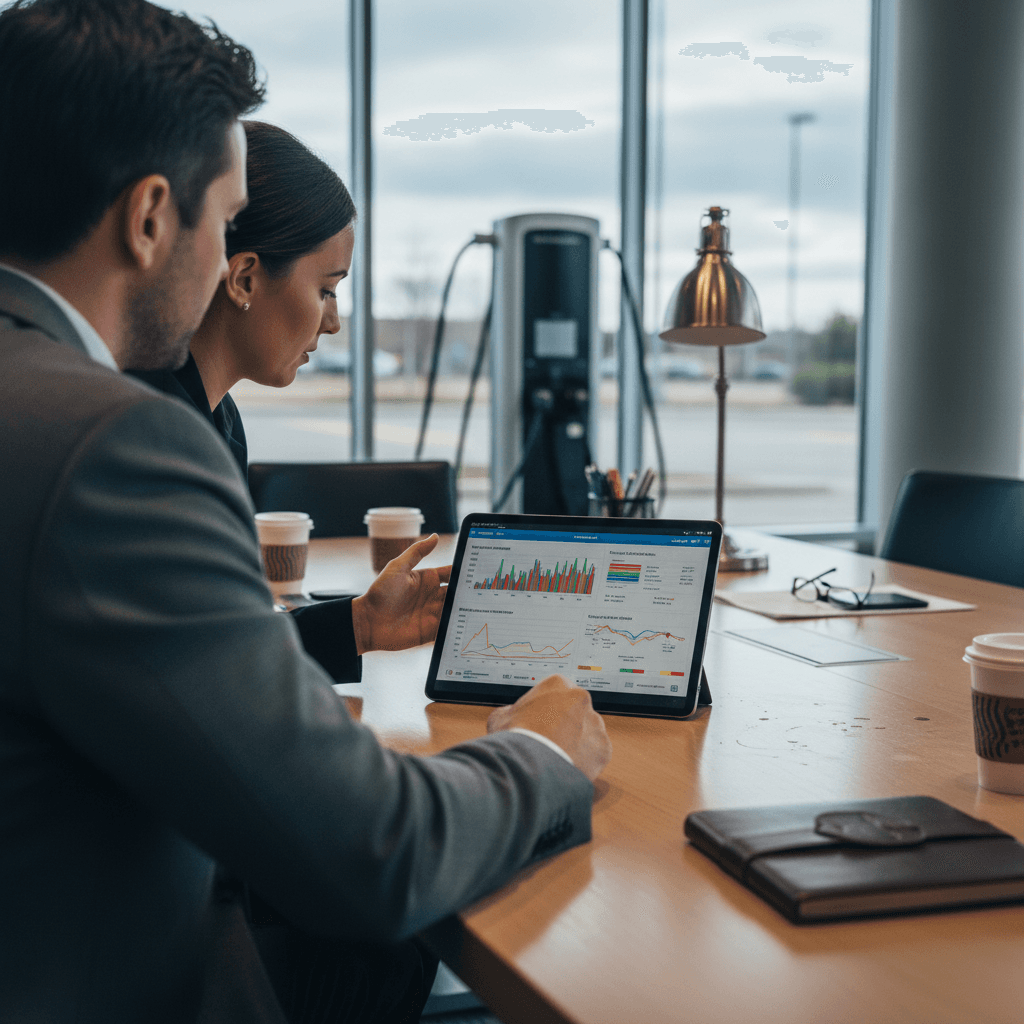 Electric vehicle seller sitting with an EV specialist reviewing a detailed battery health report on a tablet inside a modern Virginia dealership office.