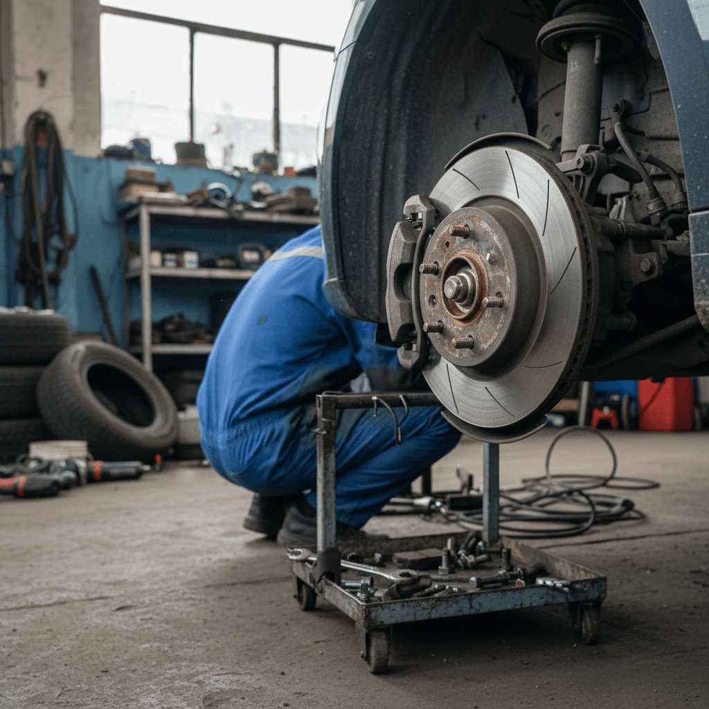 Mechanic inspecting and measuring front brake components on a car in a repair shop