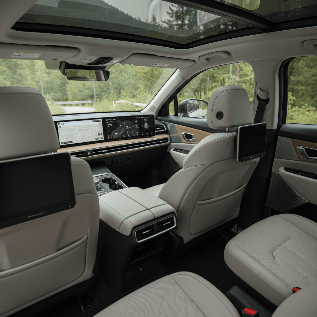 Interior of a Kia EV9 showing three rows of seating and a wide digital dashboard, highlighting its role as a roomy electric family SUV
