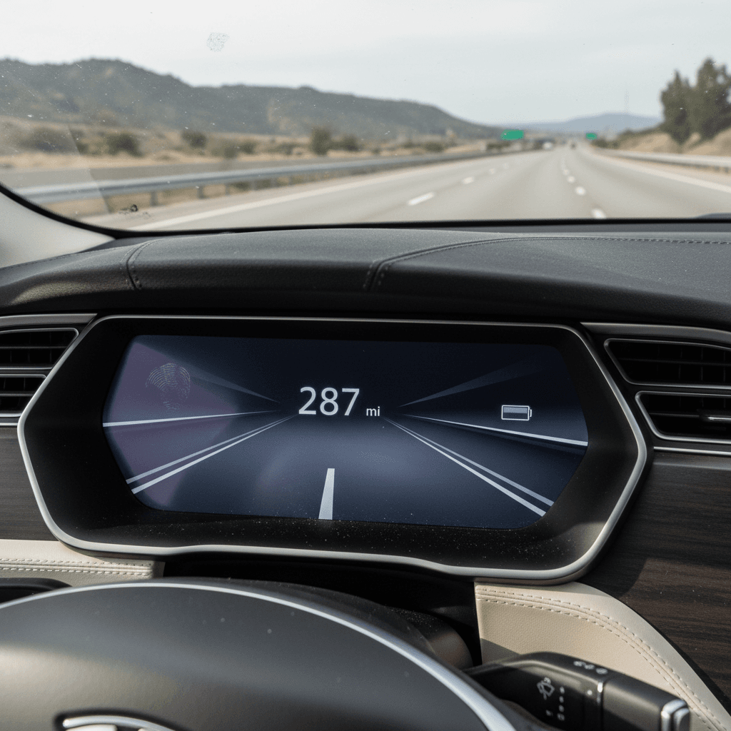 Tesla Model S instrument cluster showing rated range remaining during a steady highway drive
