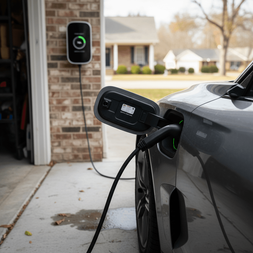 Clean Audi e-tron GT parked in a driveway with charging cable connected, showing focus on battery health preparation before sale