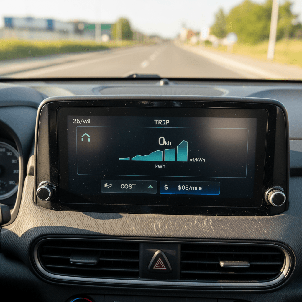 Electric vehicle instrument cluster display showing kilowatt-hour consumption and estimated range