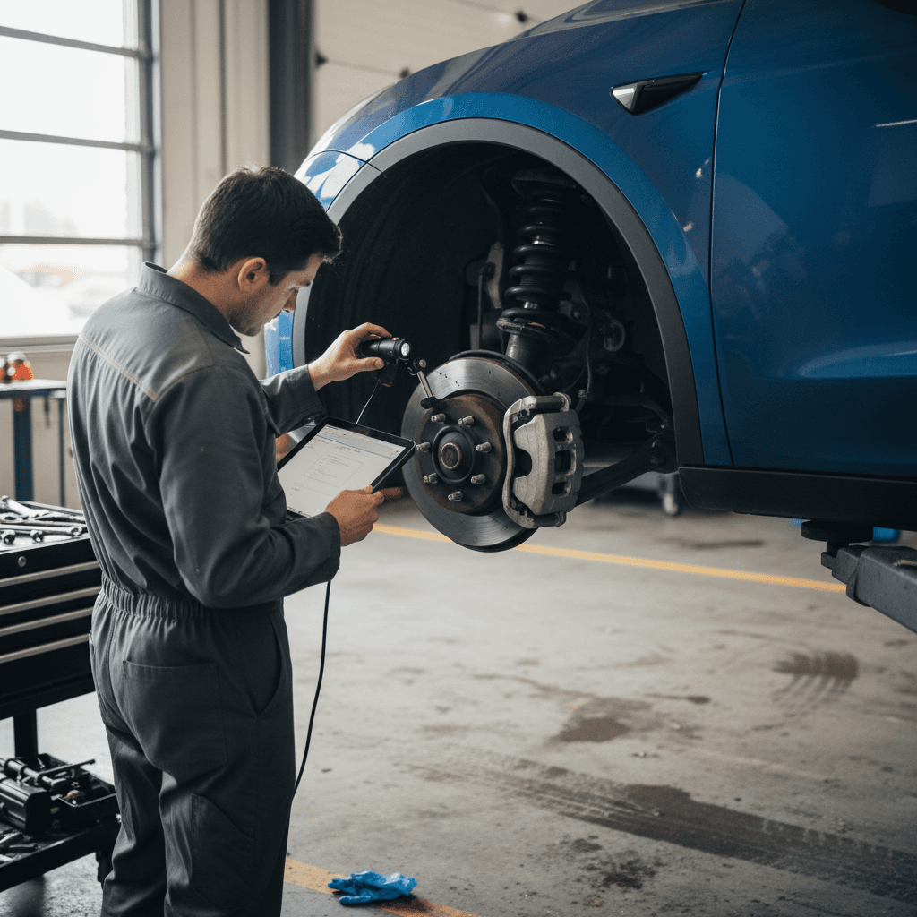 Technician inspecting the front suspension and wheel area of a Tesla Model Y on a lift