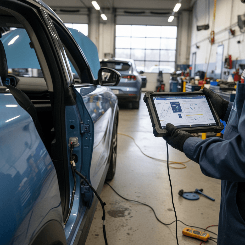 Technician using a diagnostic tablet to check a Ford Mustang Mach-E’s door latches and electronic systems in a service bay